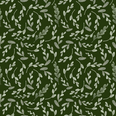 Watercolor seamless pattern of green leaves on dark green background.