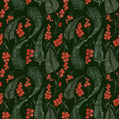 Watercolor seamless pattern of berries and leaves on dark background.Botanical hand drawn elements.