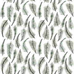 Watercolor seamless pattern of green leaves.Fern leaves isolated on light background.
