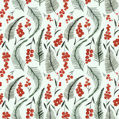 Watercolor seamless pattern of orange berries and green leaves.