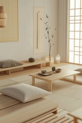 Fototapeta premium Minimalist Japanese-style Living Room with a Wooden Coffee Table and Tatami Mat Flooring