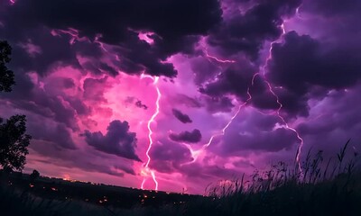 A dramatic sky filled with swirling purple and pink clouds at dusk, creating a captivating atmosphere over a distant landscape. - Powered by Adobe