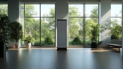 Blank sign in a minimalist space with large windows, perfect for showcasing your message.