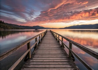 Obraz premium Tranquil Sunset Over Rupanco Lake Pier: Captivating Long Exposure Photography of Calm Waters and Vibrant Sky Reflections in Chile’s Scenic Patagonian Landscape