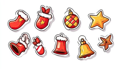 Christmas-themed stickers with festive icons like bells, stockings, and stars, isolated on a white background.