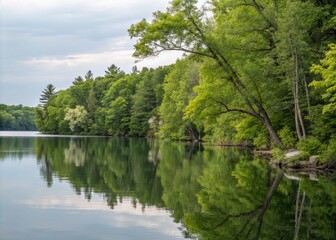Fototapeta premium Tranquil Tree-Lined Shore at Crawford Lake Conservation Area, Milton, Ontario, Showcasing Nature's Beauty and Serenity Along the Water's Edge