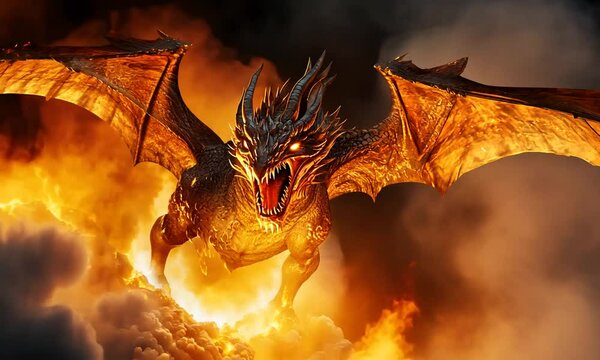 A fierce dragon with intricate scales and glowing eyes emerges from flames and smoke, showcasing a mythical creature in a dramatic, fiery setting.