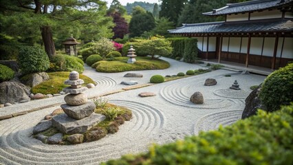 Tranquil Zen Garden with Balanced Stones and Intricate Sand Patterns Representing Peace, Balance, Harmony, Mindfulness, and Serenity in a Tilt-Shift Photography Style
