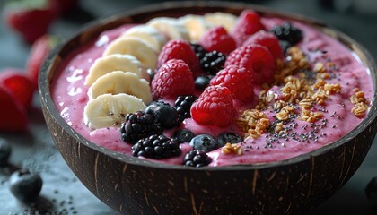 Close-up of a Pink Smoothie Bowl Topped with Raspberries, Banana, Blackberries, and Granola