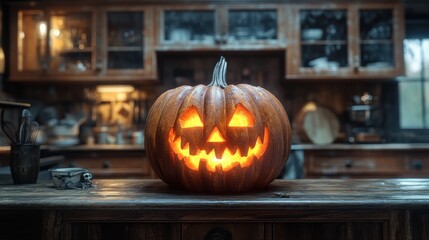 Obraz premium A glowing jack-o'-lantern on a rustic kitchen table.