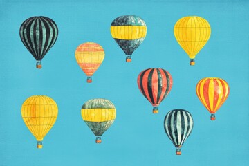 Obraz premium Colorful hot air balloons float against a bright blue sky, creating a vibrant and cheerful atmosphere, perfect for travel and adventure themes.
