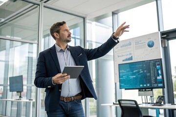 Professional man gesturing confidently with digital innovation concept