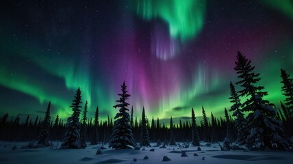 Vibrant green and purple aurora borealis dancing over a snow-covered forest. (1)