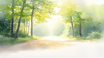 Obraz premium A tranquil forest pathway illuminated by soft sunlight, showcasing vibrant greenery and a serene atmosphere, perfect for nature-themed projects.