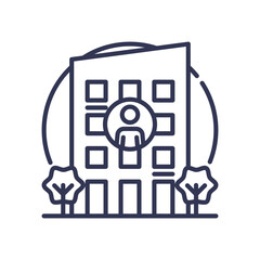 Outline of a building with a person symbol, representing corporate workforce.