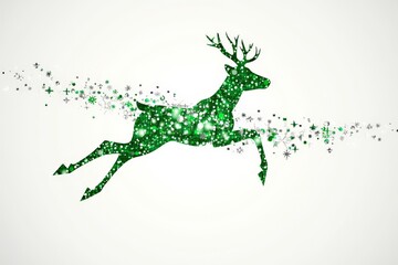 Green reindeer silhouette created from pine tree branches leaping over a pristine white background with subtle snowflake accents for a modern Christmas design