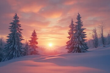 Serene Winter Sunset in Snowy Landscape