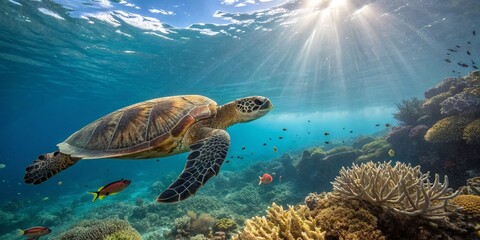 Obraz premium Underwater Serenity: A Captivating Encounter with Sea Turtles in Their Natural Habitat, Showcasing Vibrant Marine Life and the Beauty of Ocean Conservation Efforts