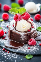 Decadent Chocolate Lava Cake with Vanilla Ice Cream Fresh Raspberries and Mint Leaves Garnish