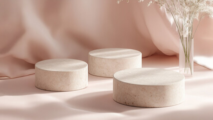 3 round stone pedestals on a pink background for product presentation, an abstract minimal mockup template with copy space, 2/4 angle view. round pastel pink podium