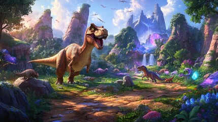 Colorful Prehistoric Landscape with Dinosaurs