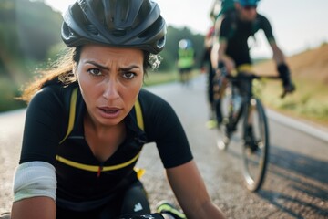 Fototapeta premium Athletic young woman of mixed descent faces injury while exercising outdoors. Fit female athlete dealing with muscle cramps during a cardio workout in a natural setting