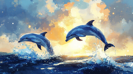 Delfiny skaczące nad wodą, tapeta generative ai 