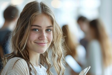 Portrait of a cheerful young businesswoman holding a tablet in an office setting