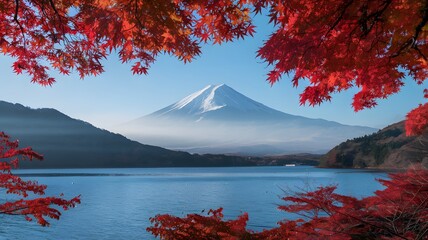 A photo of Colorful Autumn Season and Mountain Fuji with morning fog and red leaves at lake Kawaguchiko is one of the best places in Japan