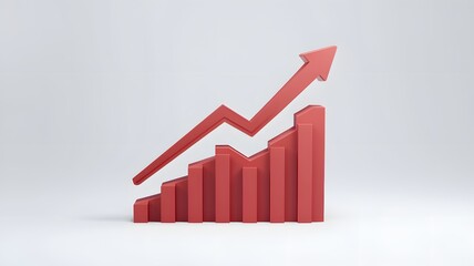 Red upward arrow graph showing rising trend, cut out. white background