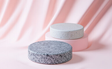 3 round stone pedestals on a pink background for product presentation, an abstract minimal mockup template with copy space, 2/4 angle view. round pastel pink podium