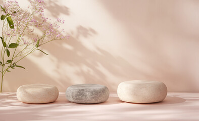 3 round stone pedestals on a pink background, a mockup for a product presentation with a minimalistic design, soft lighting, soft shadows, and high-resolution photography