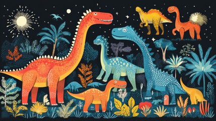 Playful Colorful Dinosaurs in a Bright Illustration
