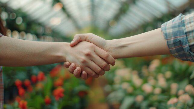 Greenhouse and handshake representing a business agreement in agriculture, highlighting partnership and teamwork among individuals in a garden setting - Powered by Adobe
