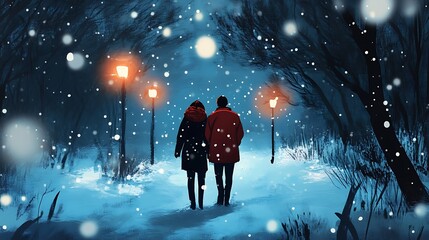 Couple Walking in a Snowy Forest at Night