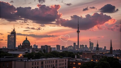 Urban Exploration of Love in the Sky: Capturing the Beauty of Cityscapes at Dusk with Vibrant Colors and Dreamy Clouds for a Romantic Atmosphere