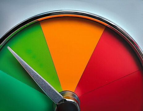 Metallic needle pointing green area on colorful performance measurement gauge, indicating positive results and successful achievement - Powered by Adobe