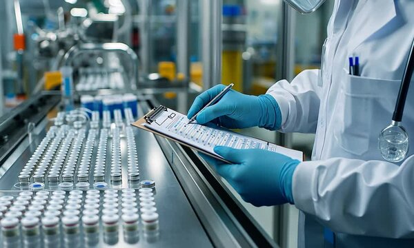 A laboratory technician in protective gear checks a clipboard while inspecting vials on a production line, ensuring quality control in a pharmaceutical setting.