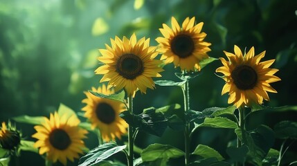 Obraz premium Vibrant Sunflowers in Lush Green Background