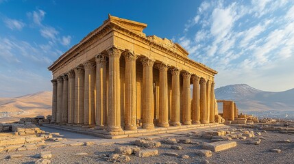 Naklejka premium Ancient temple with columns set against a scenic backdrop.