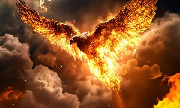 A majestic phoenix rises from fiery clouds, its wings ablaze with vibrant flames, symbolizing rebirth and transformation in a dramatic and captivating scene.
