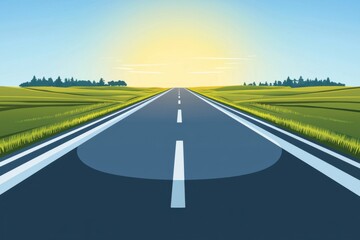 Fototapeta premium A scenic view of a long, empty road stretching through lush green fields under a clear blue sky, perfect for travel and adventure themes.