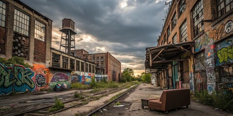 Obraz premium Urban Exploration Photography Capturing the Edgy Aesthetics of Punk Culture in Abandoned Spaces with Gritty Textures, Graffiti Art, and Distressed Urban Landscapes