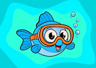 Blue fish under water. Cartoon fish on a blue background. A fish in a diver's mask.
