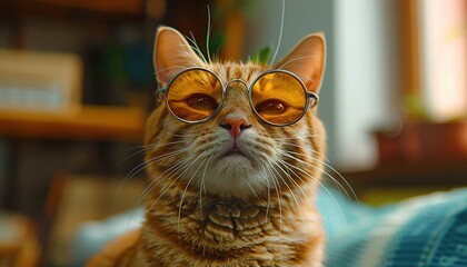 Happy smile kitty Cat wear sunglasses with summer season costume isolated on background