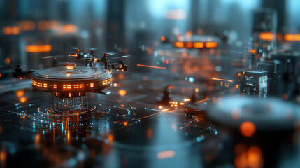 Futuristic cityscape with drones collecting data in high tech environment. vibrant lights and advanced technology create dynamic atmosphere