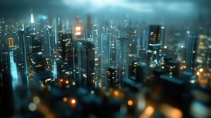 Obraz premium Futuristic cityscape with glowing data streams and skyscrapers at night, showcasing vibrant urban environment filled with lights and technology