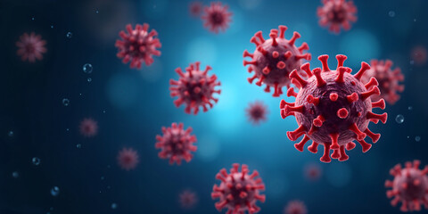 This macro shot gives a detailed view of a red virus particle, visually capturing its defining features, including the spiky projections on its surface, against a blurred background.