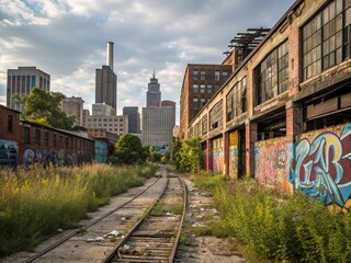 Fototapeta premium Urban Exploration Photography Featuring Dynamic Cityscapes, Abandoned Buildings, and Gritty Street Art in an Urban Jungle Setting