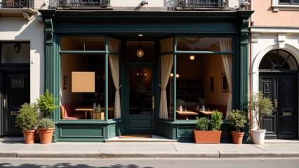 Realistic storefront window logo mockup with a blank space on the glass for a logo, ideal for cafe branding.
